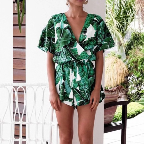 New Lulus Palm Leaf Print Bohemian Spring Romper - Picture 4 of 8